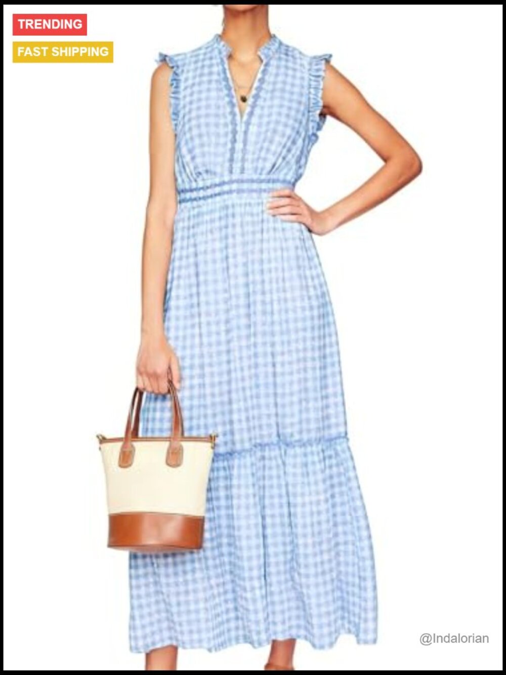 Women's Sleeveless Gingham Maxi Dress with Ruffle Trim Tiered A-Line Sundress - Picture 5 of 7